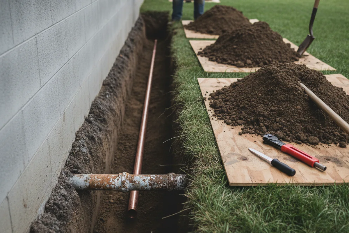 Excavated water line trench during Water Heater Repair in Greene